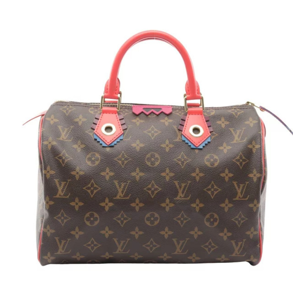 Louis Vuitton Speedy Monogram Totem Flamingo Handbag Canvas Leather Brown Red